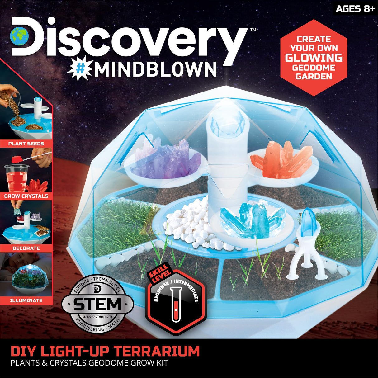 Discovery™ #Mindblown DIY Light-Up LED Terrarium - Plants & Crystals Geodome Grow Kit, 3 Colorful Crystal Formations, Rye Grass, Education STEM Activity Set, Indoor Science Experiment, Chemistry Gift Discovery Kids