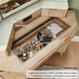 T4TREAM Fluted Makeup Vanity Desk with 3 Way Mirror and Lights, 48" Large Corner Vanity Table with Glass Top, Charging Station, 3 Drawers, Storage Cabinets & Shelves, for Bedroom, Natural Oak T4TREAM