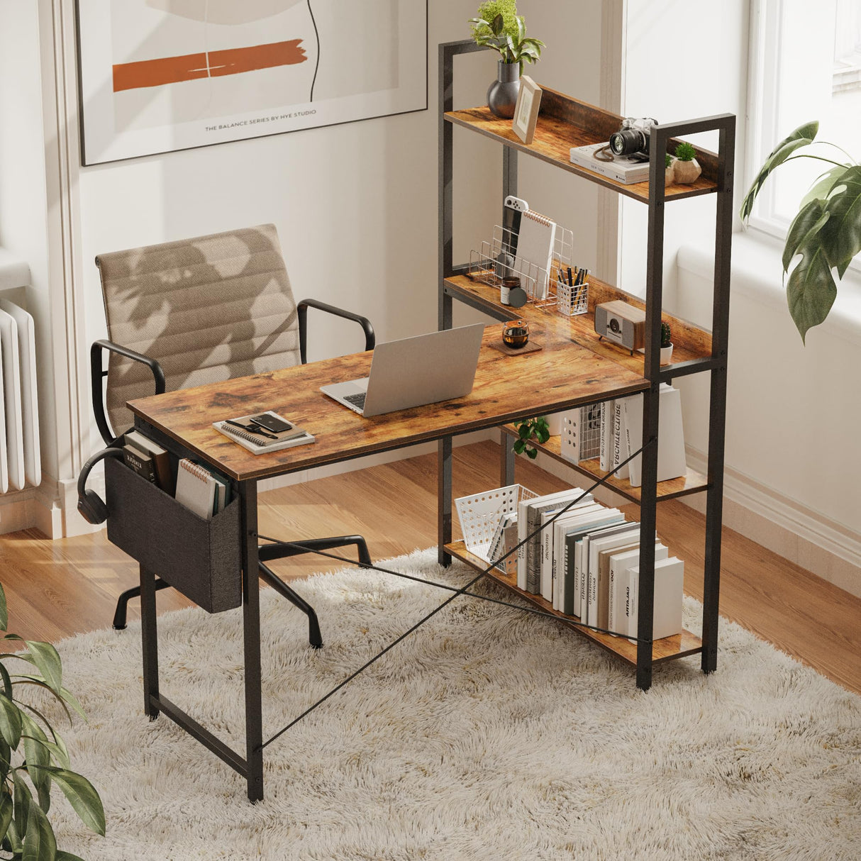 Treesland 47 Inch L-Shaped Computer Desk with Bookshelf and Storage - Brown Treesland