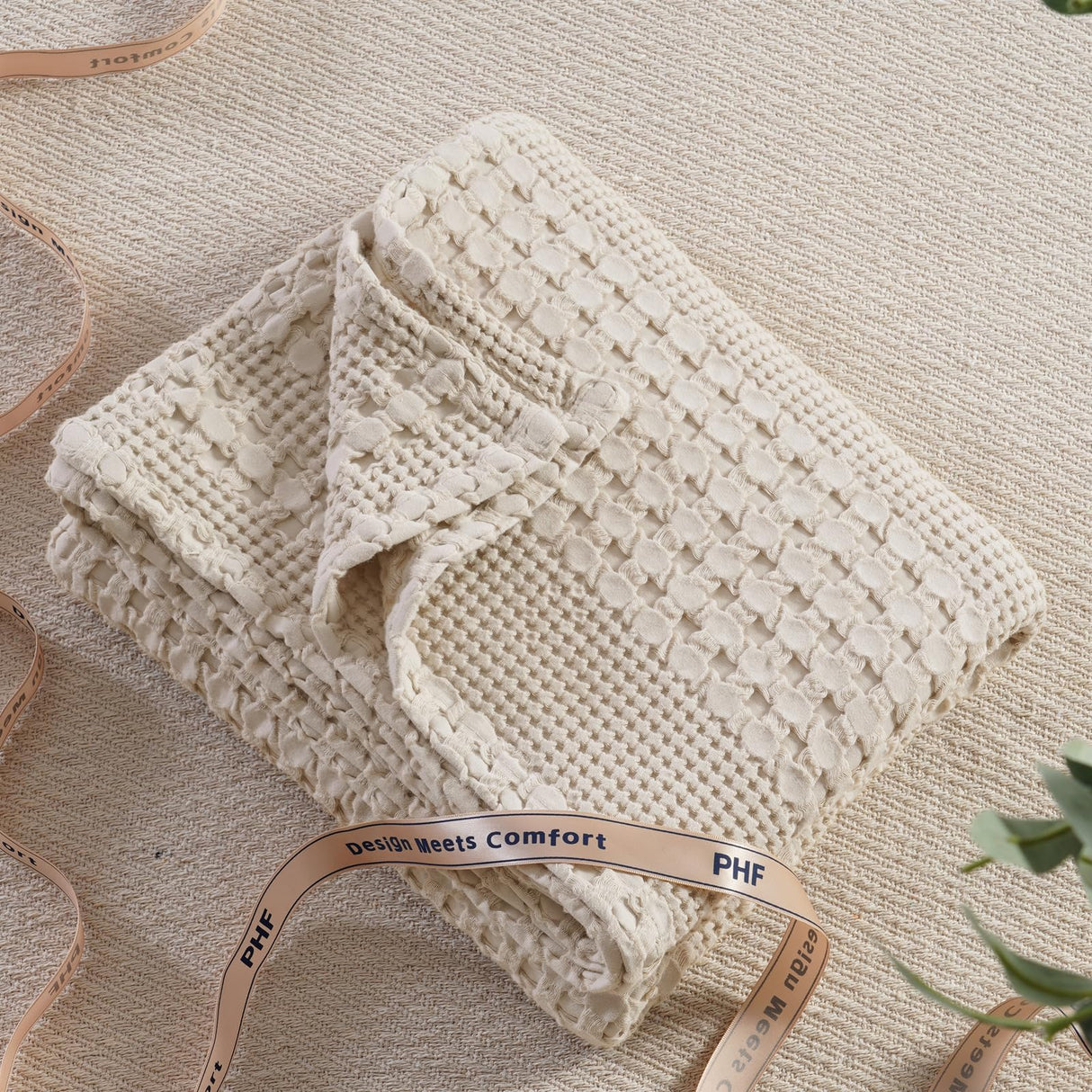 PHF 100% Cotton Waffle Weave Throw Blanket, Soft Lightweight Breathable Cozy Throws for Couch Bed Sofa, Luxury Aesthetic Woven Blanket for Home Decor & Office, 50"x60", Oatmeal PHF