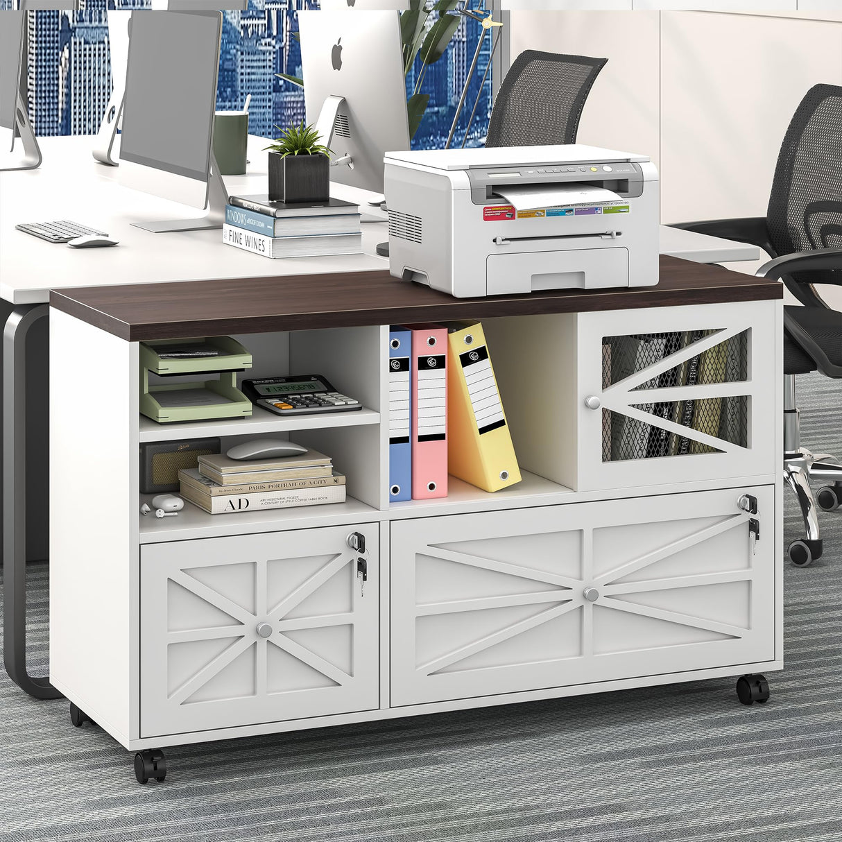 kepptory 2 Drawer File Cabinet with Lock, Rolling File Cabinet for Home Office Fits Files Letter/Legal/F4/A4, Filing Cabinet 2 Drawer with Adjustable Shelf & 2 Lockable Wheels (White + Brown) kepptory