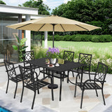 SUNCROWN 7-Piece Outdoor Wrought Iron Chairs and Table Patio Dining Furniture Set - 6 Stackable Metal Chairs, 1 Steel Slat Bistro Table and 1 Brown 9Ft Patio Umbrella for Garden Backyard Deck SUNCROWN