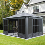 Domi 12x15FT Sunroom, Four Season Solarium with Galvanized Steel Hardtop, Aluminum Frame, 4 Sliding Doors, Movable PVC Screen Walls, All Weather Outdoor Pavilion for Patio, Deck, Backyard, Grey domi outdoor living