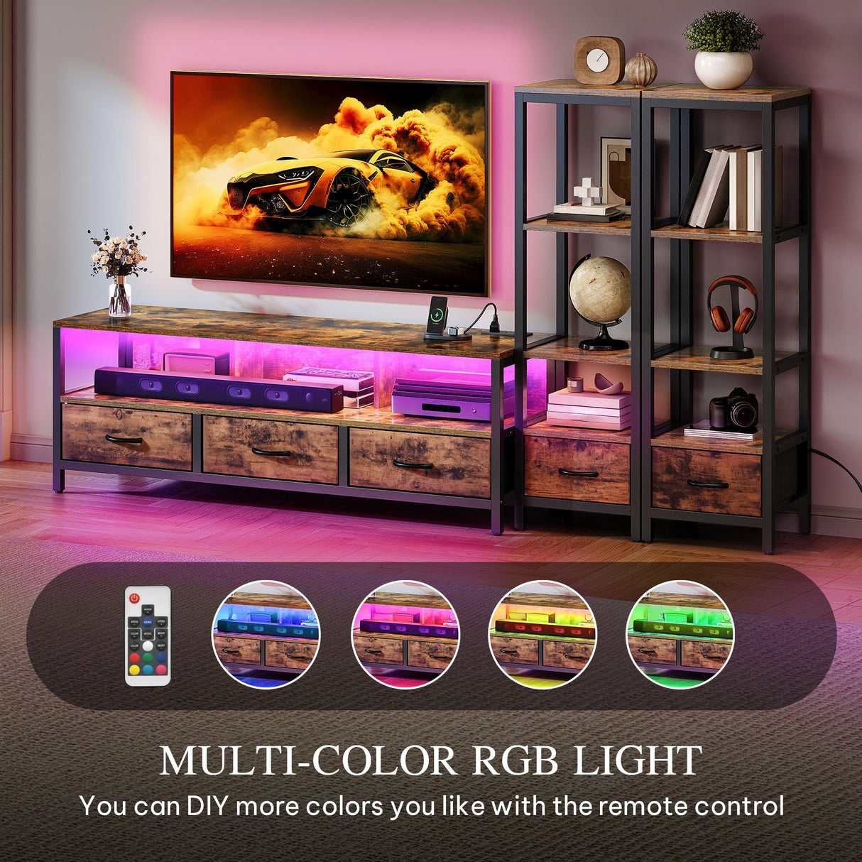 YITAHOME TV Stands for 65 inch TV Entertainment Center with 2 Industrial 4-Tier Bookshelves, LED TV Stands for Living Room, Modern Farmhouse TV Console Cabinet with Power Outlets, Rustic Brown YITAHOME