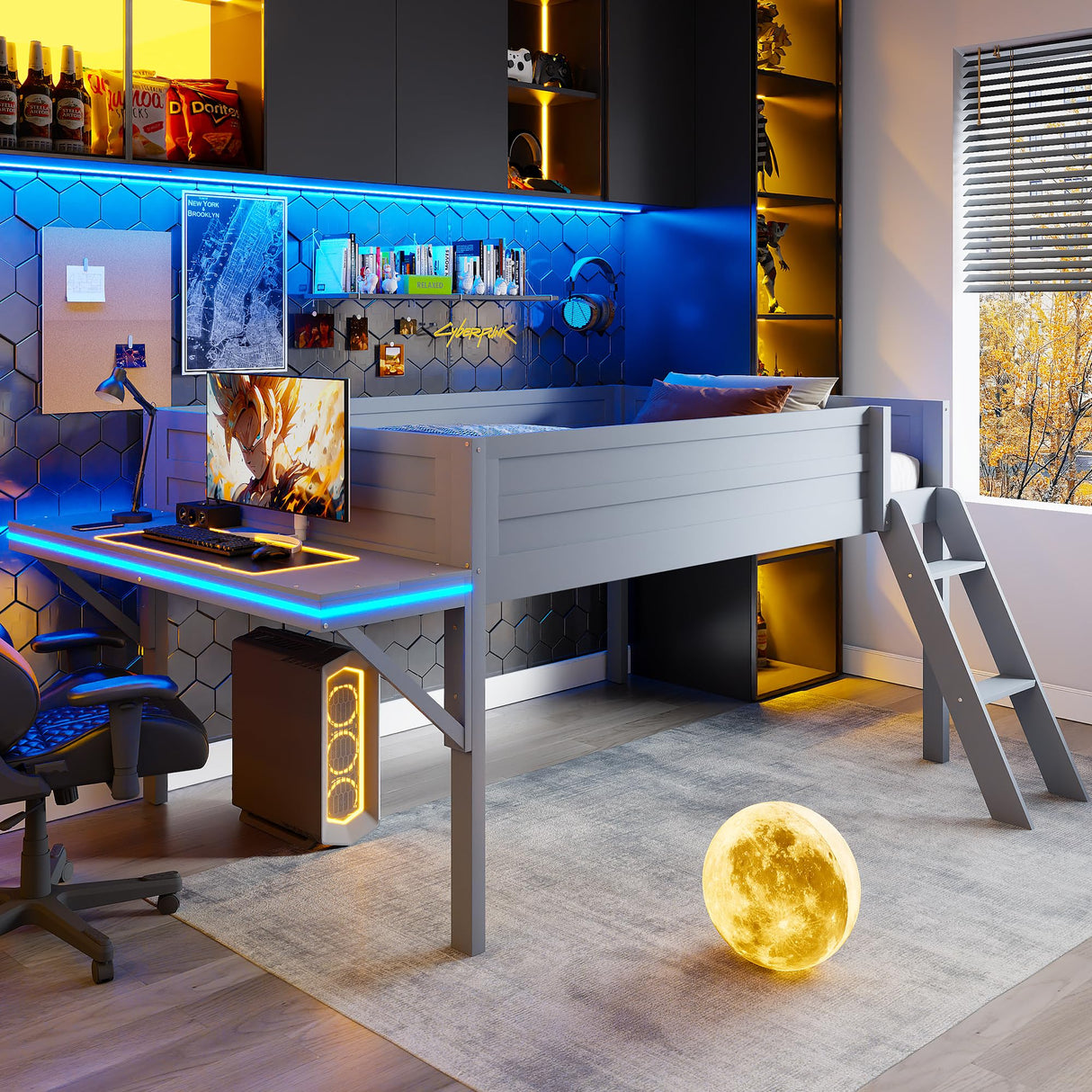 Full Size Low Loft Bed with Desk and LED Lights,Gaming Loft Bed Full Size,Wood Kids Loft Bed Frame with Angled Ladder and LED Lights for Girls Boys,Grey Bellemave