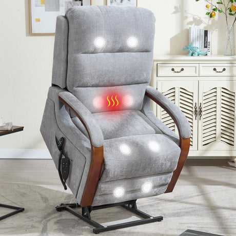 Power Lift Recliner Chair for Elderly People, Dual Motor Lift Chair with Vibration Massage and Heat, Lay Flat Recliner with Solid Wood Armrest, Standing Assistance Reclining, Chenille Fabric Gray EZZUP