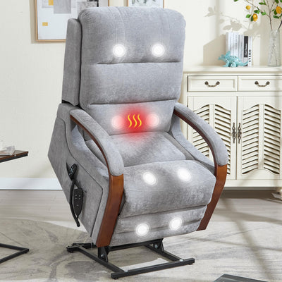 Power Lift Recliner Chair for Elderly People, Dual Motor Lift Chair with Vibration Massage and Heat, Lay Flat Recliner with Solid Wood Armrest, Standing Assistance Reclining, Chenille Fabric Gray