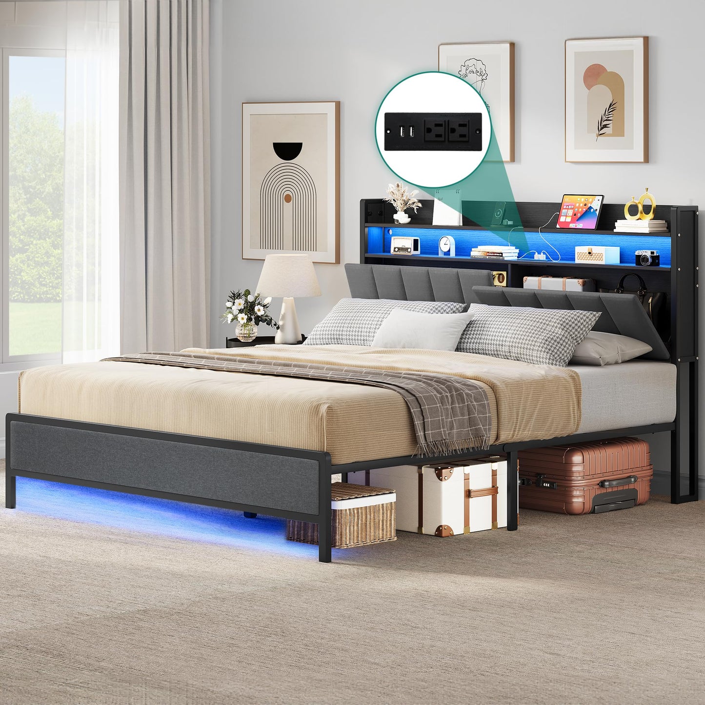 YITAHOME King Size LED Bed Frame with Storage Headboard & Charging Station – Grey Platform Upholstered Design - WoodArtSupply