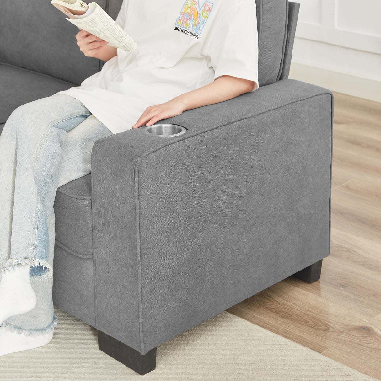 83.86" Couch Sofa with with Cup Holders & Extra Deep Seat, Modern Plush Corduroy Sofa Cloud Couch, Comfy Upholstered 3 Seater Sofa Bed Couches for Living Room, Apartment, Office, Light Grey SLEERWAY