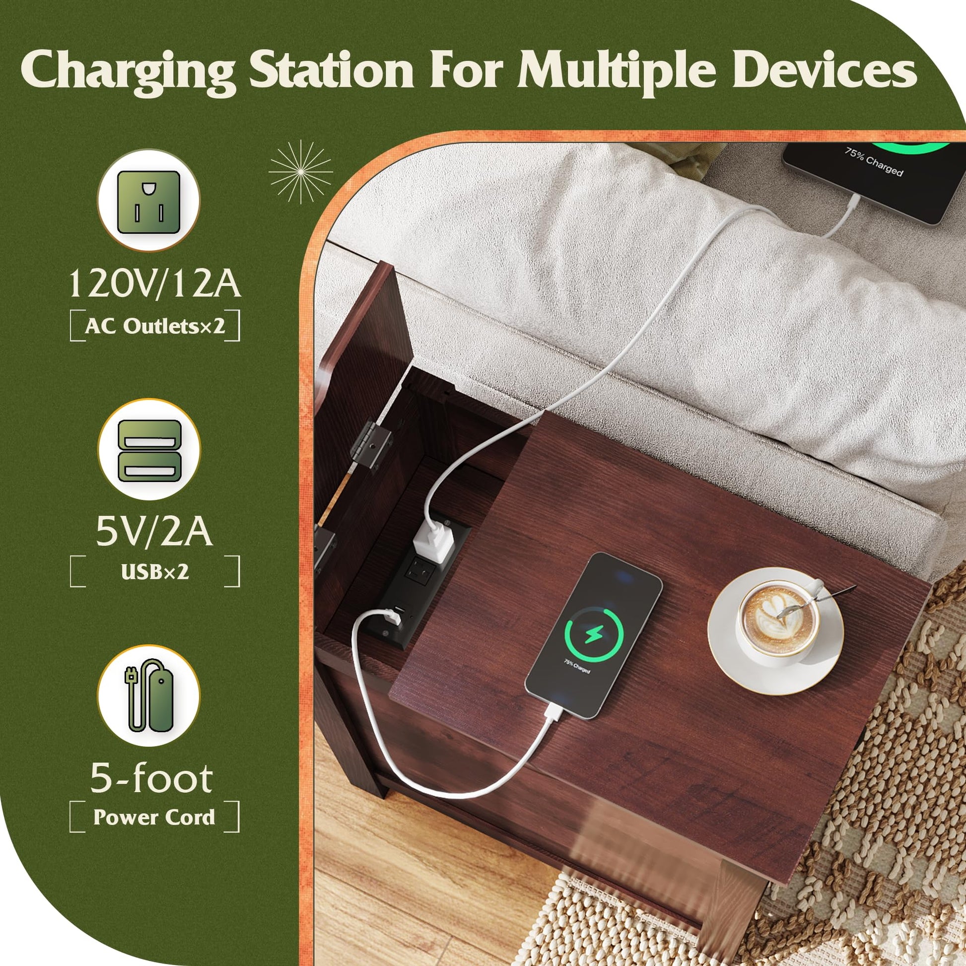 WLIVE End Table with Charging Station, Side Table with USB Ports and Outlets, Narrow Side Table for Small Spaces, Living Room, Couch, Nightstand with Storage, Espresso - WoodArtSupply