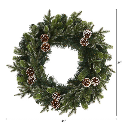 Nearly Natural 24in. Snowed Pinecone Artificial Christmas Wreath with 35 Clear LED Lights, Green, 5x24x24