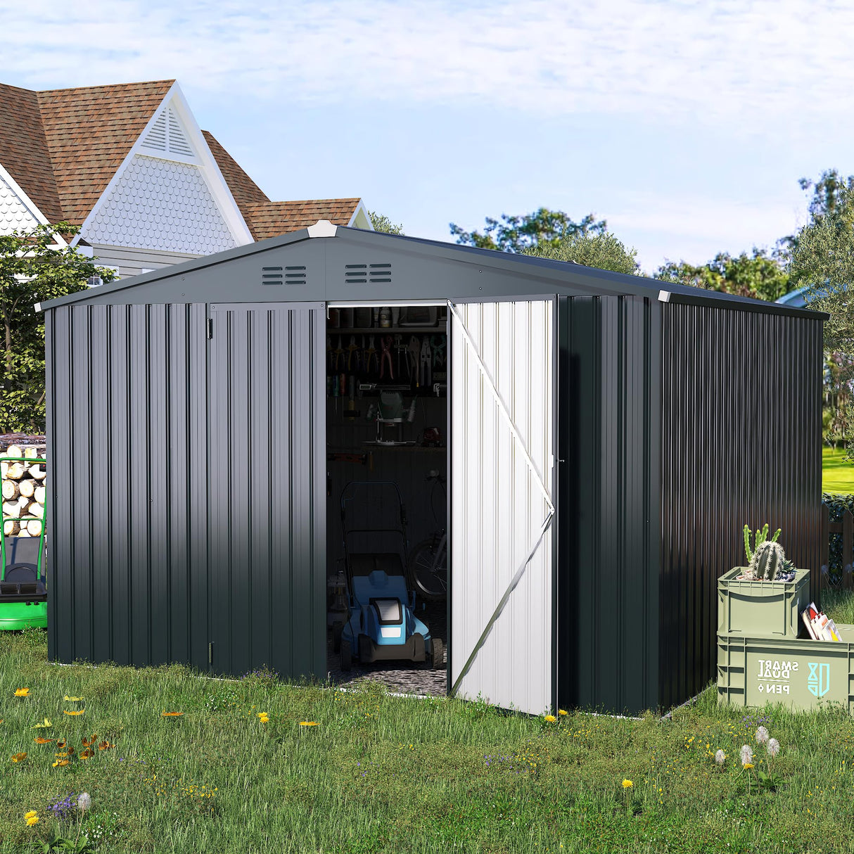 AECOJOY Shed 12' x 12' Storage Shed, Outdoor Storage Sheds & Outdoor Storage 12' x 12' with Lockable Doors, Large Steel Yard Shed, Utility and Tool Storage for Garden, Patio, Outside use in Dark Grey AECOJOY