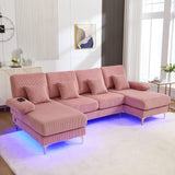 ZEIINPA U Shaped Sectional Sofa Couch for Living Room, 4 Seat Modern Corduroy Sofa with Double Chaise, USB and Lights, 104 inches(Pink Corduroy) ZEIINPA