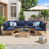 FHFO 7 Piece Outdoor Wicker Patio Furniture Set, Rattan Sectional Sofa Couch, Patio Conversation Set with Cushion & Coffee Table, for Backyard Poolside Porch Garden, Yellow/Blue FHFO
