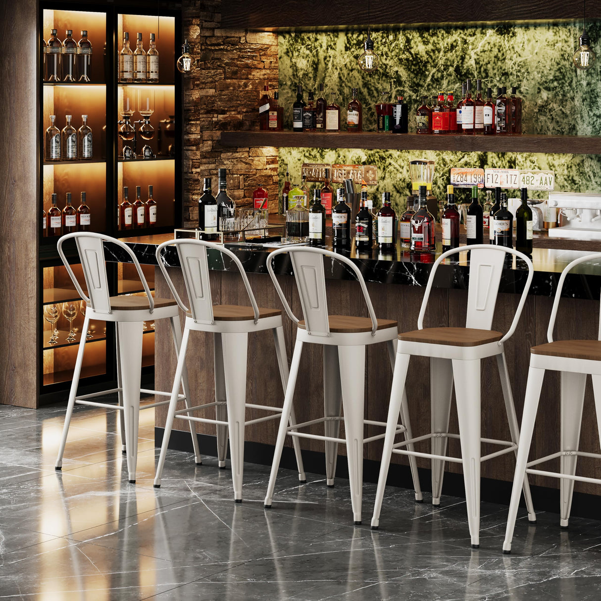 Andeworld Metal Bar Stools Set of 4, 24 inch Counter Height Barstools with Backs Farmhouse Modern High Back Bar Stools with Larger Seat Kitchen Dining Bar Chairs,Off White Andeworld