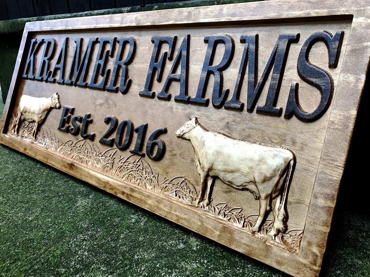 Personalized Farm Sign | Custom Farmhouse Decor | Wooden Farmer Gift | Wood Wall Family Name Sign | Established Cow Sign | Carved Farmhouse Sign | Cattle Decor | Outdoor Farm Sign 3D Woodworker