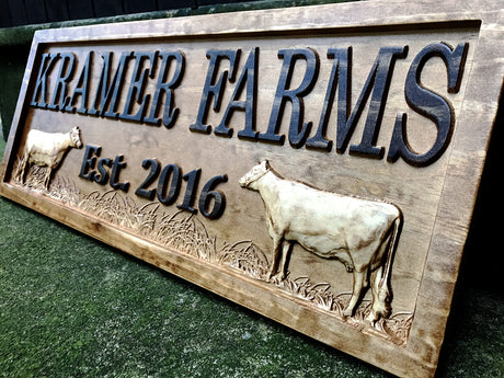 Personalized Farm Sign | Custom Farmhouse Decor | Wooden Farmer Gift | Wood Wall Family Name Sign | Established Cow Sign | Carved Farmhouse Sign | Cattle Decor | Outdoor Farm Sign 3D Woodworker