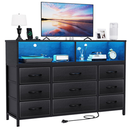 eiskah Black Dresser for Bedroom, 9 Drawers Led Dresser TV Stand with Power Outlets and LED Lights, Long Fabric Dressers Wide Chest of Drawers with Large Organizer for Living Room, Entryway, Hallway eiskah