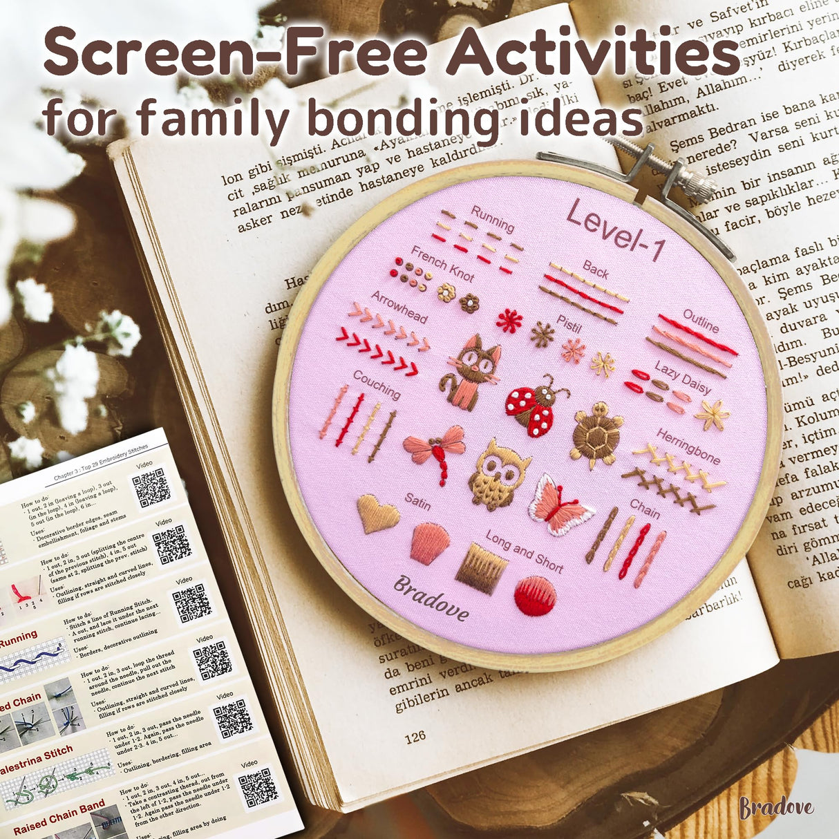 Bradove Beginner Embroidery Kit for Adults Kids, Learn to Embroider 37 Stitches and 13 Cute Patterns, Stitches Kit, Bead Embroidery Kit, Beginner Embroidery Practice Bradove