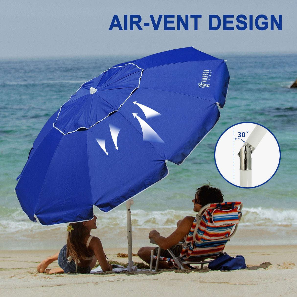 AMMSUN 8 Feet Large Beach Umbrella with Sand Anchor Heavy Duty High Wind Portable Outdoor Umbrellas UPF 50+ Protection Air Vent Tilt Patio Garden Pool Blue AMMSUN