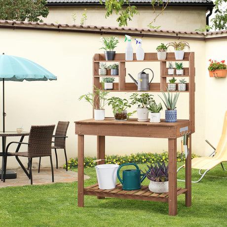 Yaheetech Potting Bench Table Horticulture Germination Table & Outdoor Garden Work Bench Platform w/Display Rack/Storage Shelf/Hanger/Thoughtful Sink Brown Yaheetech