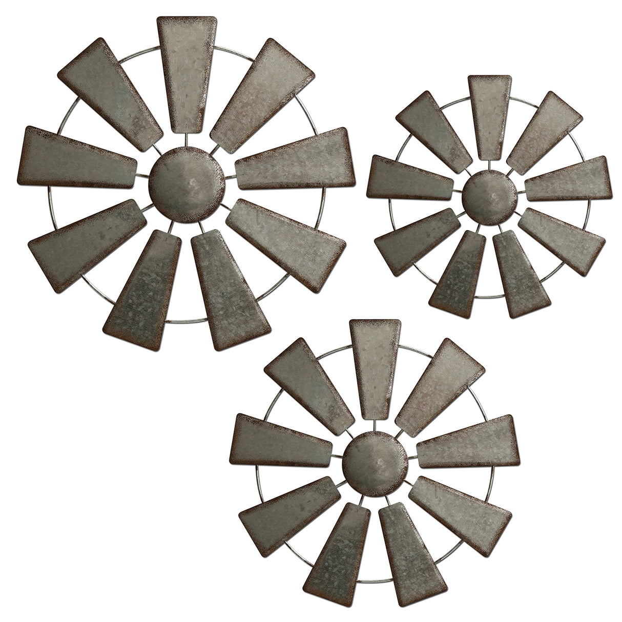 COLLECTIVE HOME - 3 Pcs Metal Windmill, Galvanized Hanging Wall Decor, Farmhouse Wall Sculpture, 3D 13/11/9.5 Inch Wall Art for Office Living Room Bedroom (Windmill) COLLECTIVE HOME