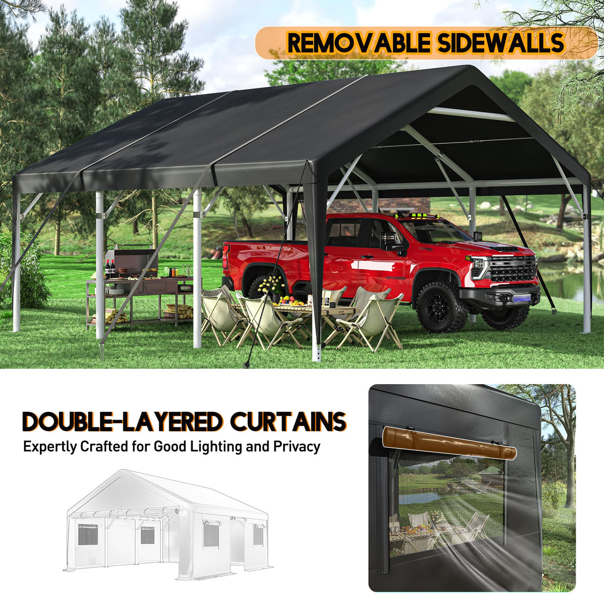 Bepatio 2 Car Carport, 20 x 20 Heavy Duty Metal Carport, All Weather Extra Large Car Port, Outdoor Portable Garage with Side-Opening Doors & Roll-Up Windows Bepatio