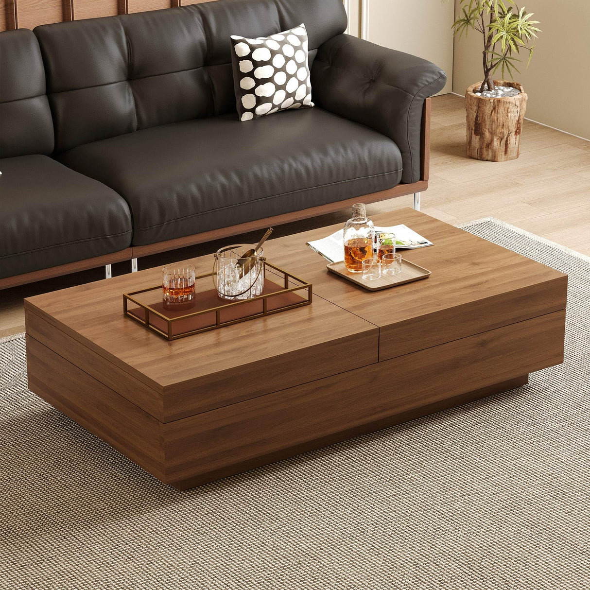 Mid-Century Modern Expandable Coffee Table, 47.2"-81.8" Adjustable Walnut Center Table with Large Hidden Storage for Living Room NessCarsti