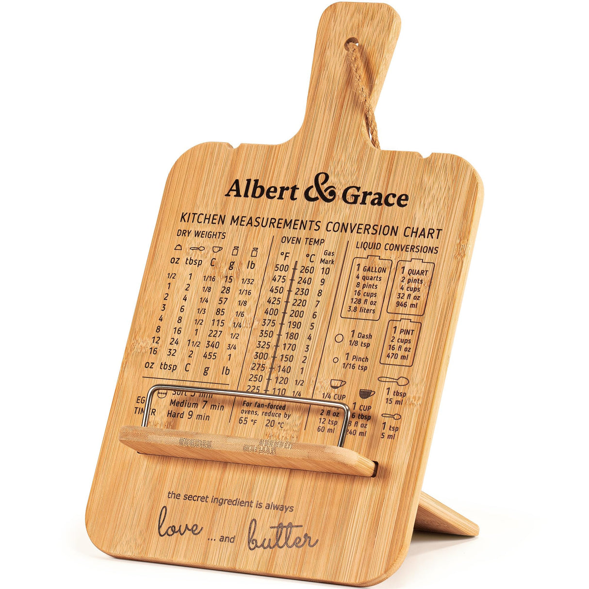 Albert&Grace Adjustable Bamboo Cookbook Stand with Conversion Chart – Recipe Book Holder for Kitchen Counter, Large Wooden Stand for Cookbooks, Tablets, & iPads Albert&Grace
