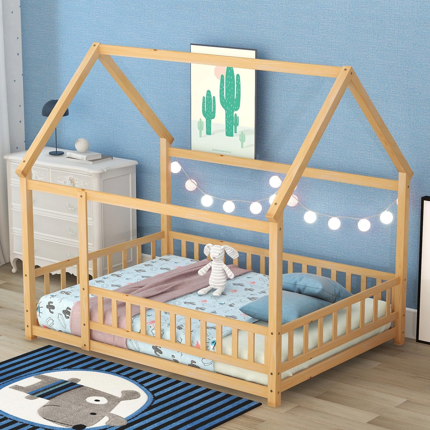 Bellemave Full Size Kids House Bed with Roof and Fence - Solid Wood Montessori Floor Bed in Natural Finish - WoodArtSupply