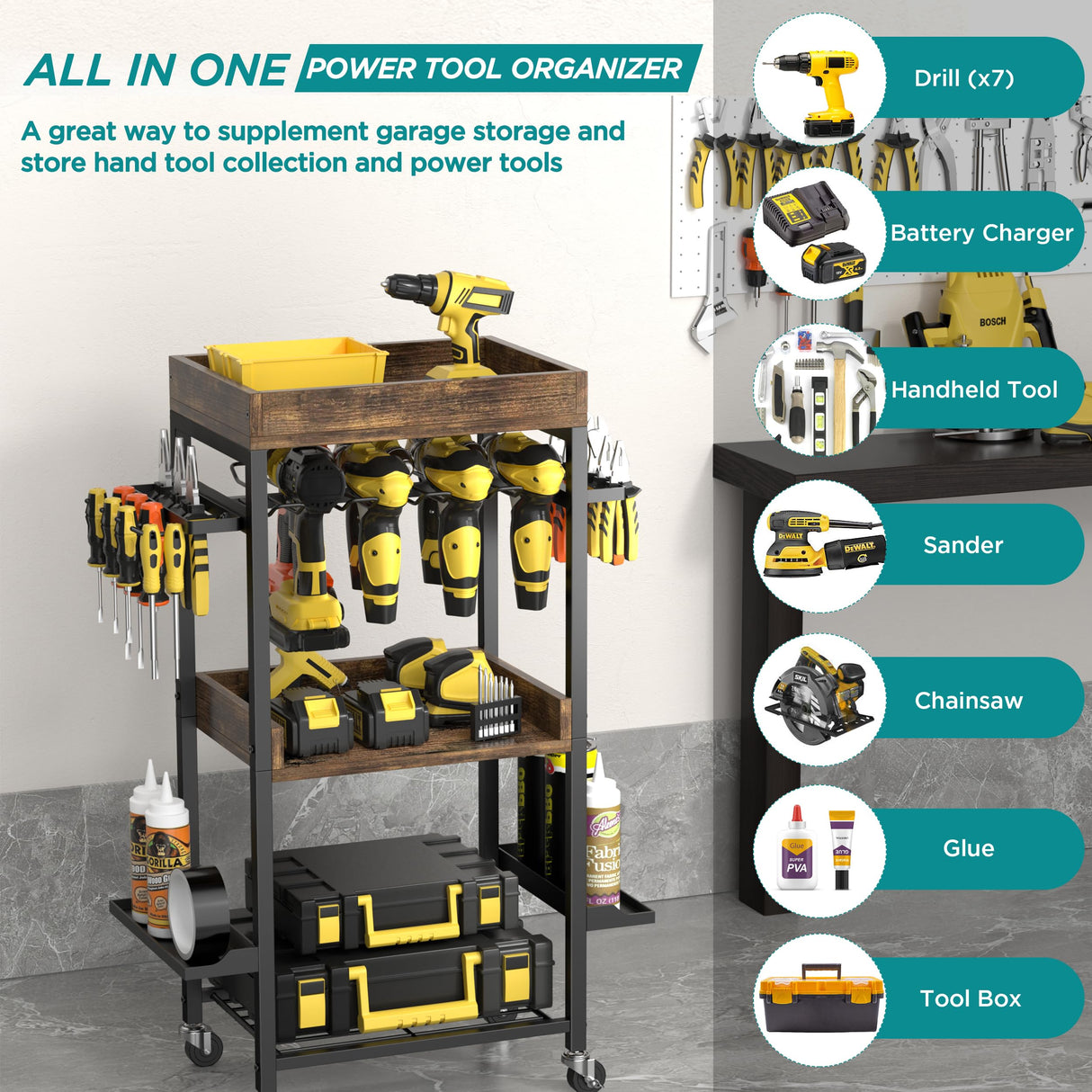 Famyards Power Tool Organizer with Wheels Tool Holder Drill Rack Shelf Rolling Cart Tool Box Utility Cart for Garage, Workshop Famyards