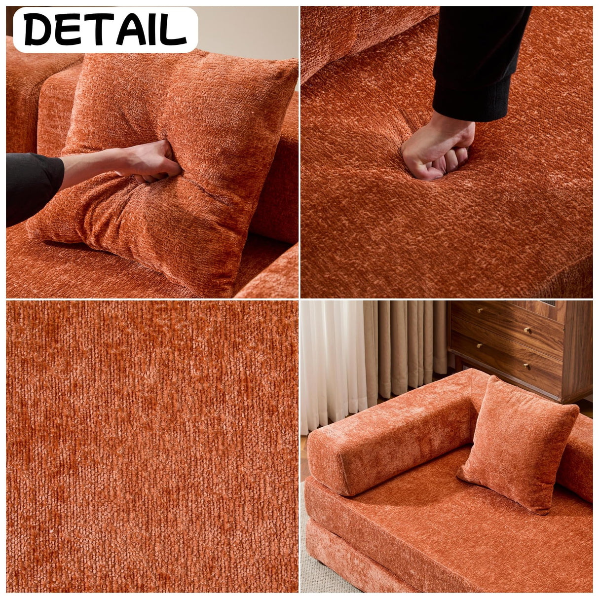 Trygoal Convertible Floor Sofa Bed, Foldable Mattress Cloud Couch with Pillow Back & Armrest, Chenille Sleeper Sofa Bed with Fixed-Shape Frame, Compressed Couch for Living Room Bedroom, Orange Trygoal