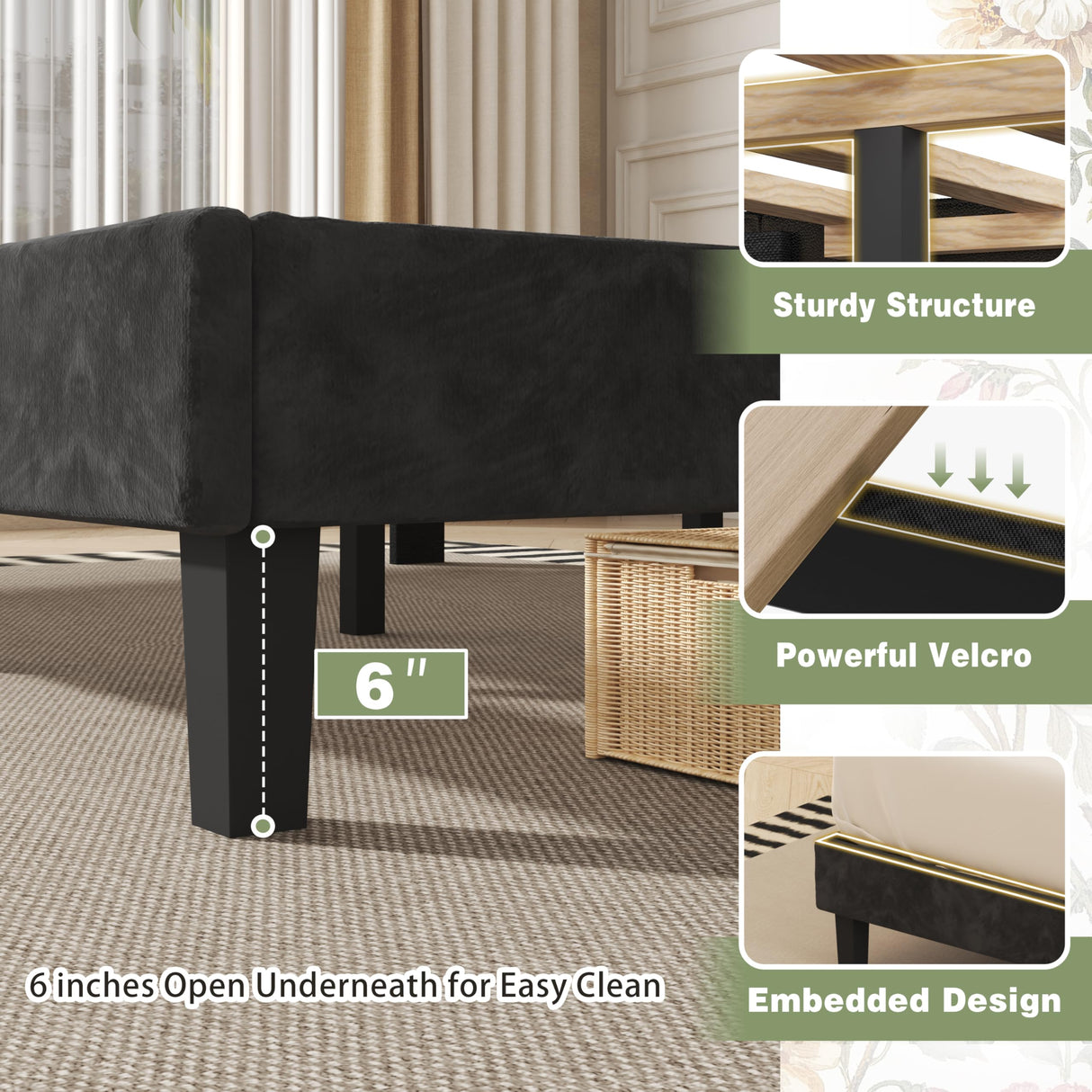 SUNLEI Queen Size Bed Frame with Diamond Tufted Headboard and Storage, Upholstered Platform Bed Frame Queen with 2 Large Wingbacks, Sturdy Wooden Slats Support, Easy Assembly, Velvet Black SUNLEI