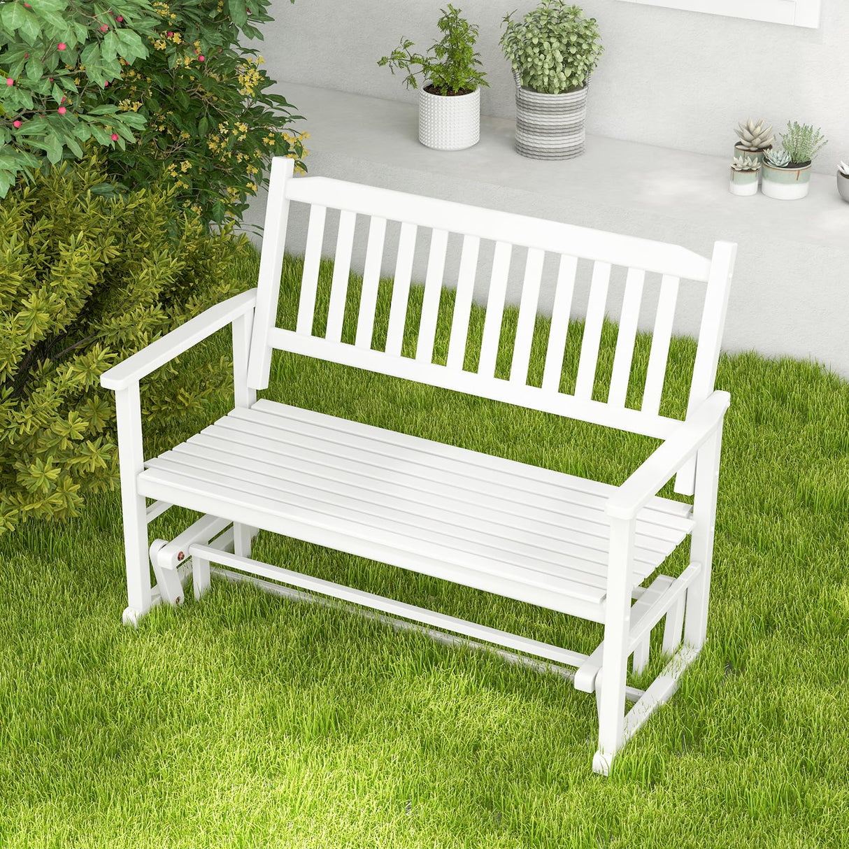 Giantex White Outdoor Glider Bench Chair for Two – Stylish & Sturdy Rocking Loveseat with Smooth Gliding Motion Giantex