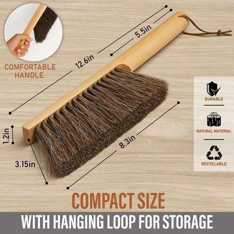 Takavu Multi-Purpose Counter Brush with Solid Wood Handle, Natural Horsehair Bristles for Gentle Dusting of Furniture, Drafting, Patio, Fireplace Cleaning, Shop Brush, Woodworking Tool & Accessories TAKAVU