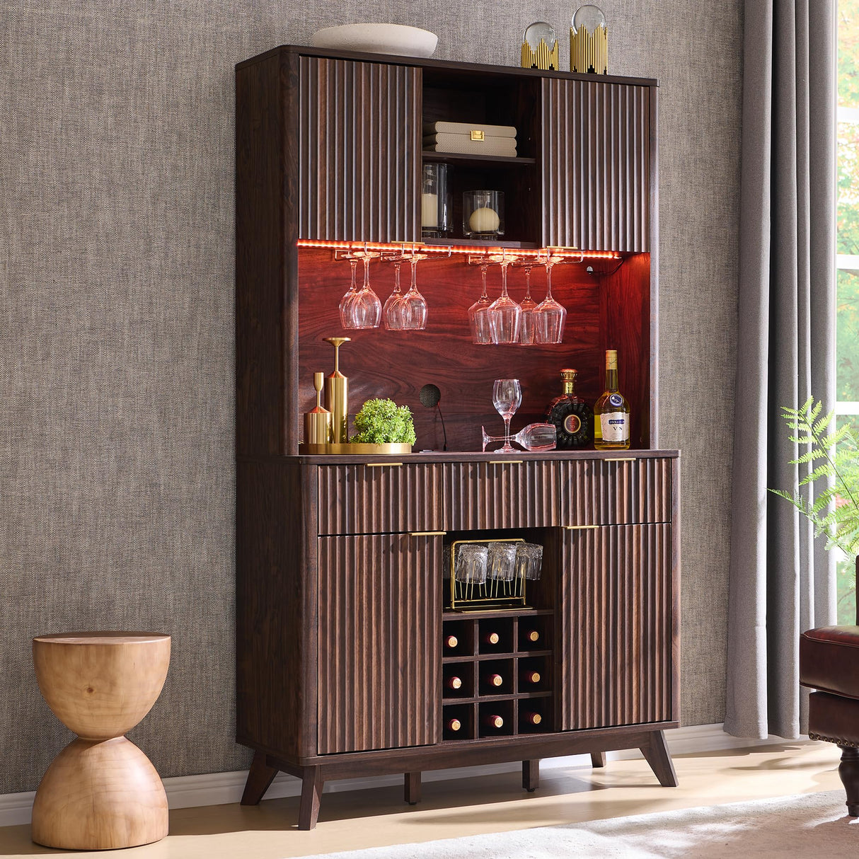 OKD 72" Tall Wine Bar Cabinet with Storage Hutch, Modern Wood Fluted Coffee Bar Cabinet with LED Lights and 10 Tier Storage Shelf & 9 Grid Wine Glass Rack for Home Dining Room Kitchen (Dark Walnut) OKD