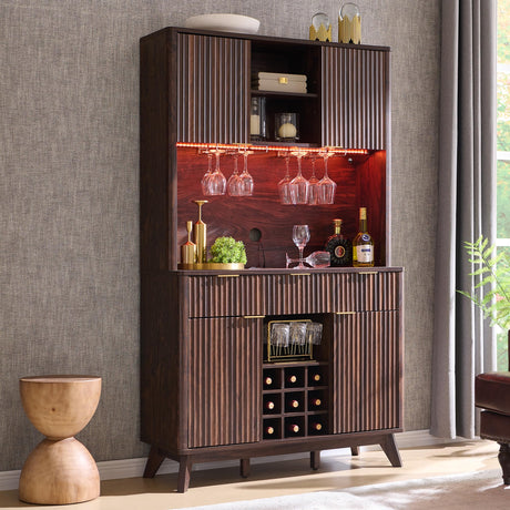 OKD 72" Tall Wine Bar Cabinet with Storage Hutch, Modern Wood Fluted Coffee Bar Cabinet with LED Lights and 10 Tier Storage Shelf & 9 Grid Wine Glass Rack for Home Dining Room Kitchen (Dark Walnut) OKD