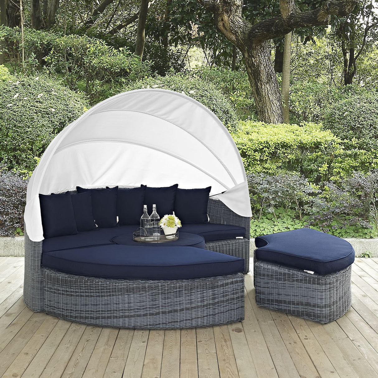 Modway Summon Outdoor Patio Daybed with Canopy and Sunbrella Cushions in Canvas Navy Modway