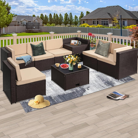 KROFEM 8 Pieces Outdoor Wicker Rattan Patio Furniture Sectional Set, Glass Top Table with Hidden Storage, 7 Sofa Sections, Oversized Cushions, Brown Color Rattan with Beige Cushion KROFEM