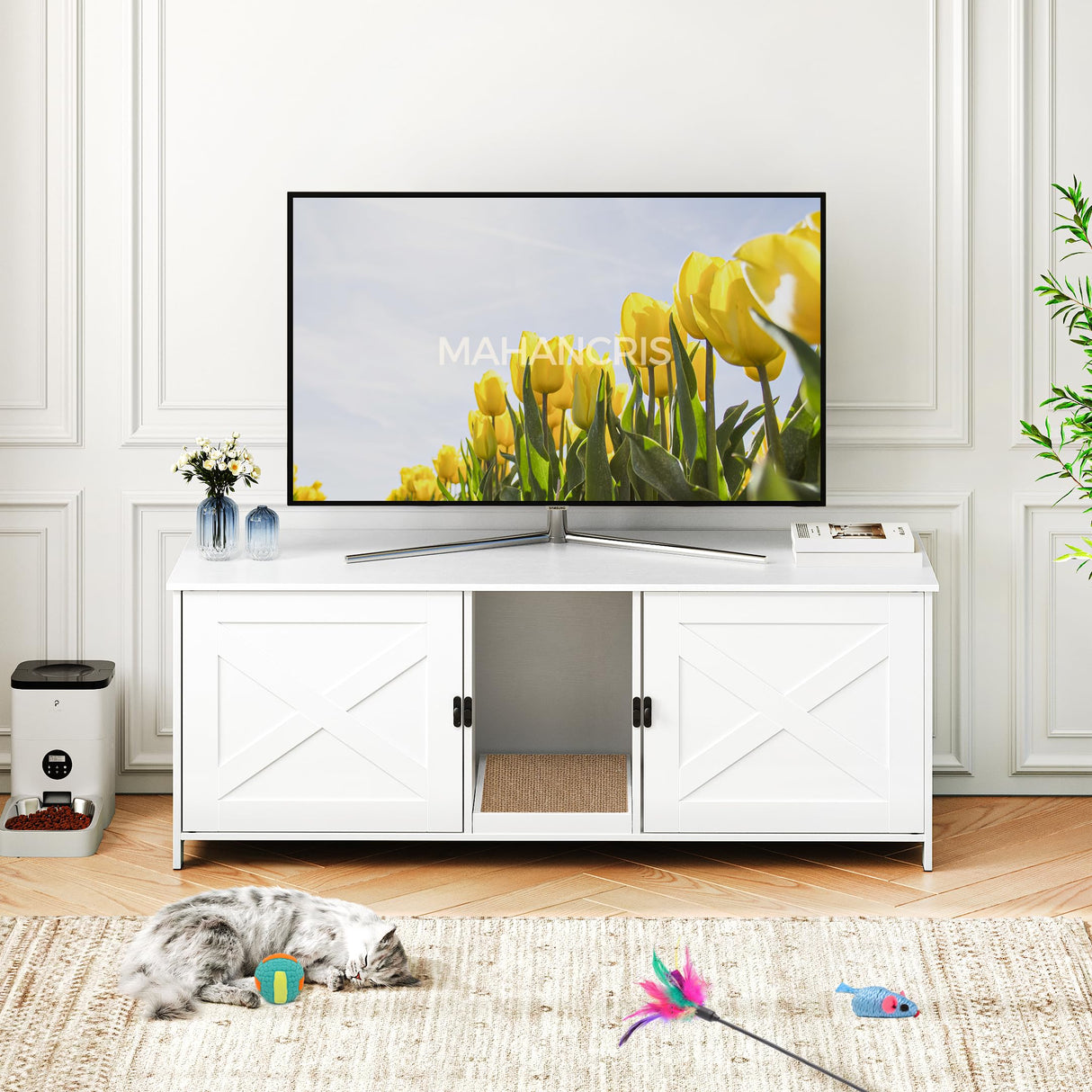 MAHANCRIS Cat Litter Box Enclosure for 2 Cats, 47.2" Hidden Cat Litter Box Furniture with Double Room, Wooden Cat Washroom with Scratching Board, Indoor Cat House End Table, White CWWT1201 MAHANCRIS