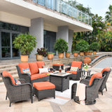 ovios Outdoor Furniture Set 9 Pieces Rocking Swivel Chairs High Back Wicker Rattan Sofa Couch with Square Propane Fire Pit Table, Patio Furniture Set, Brown Wicker, Orange Red ovios