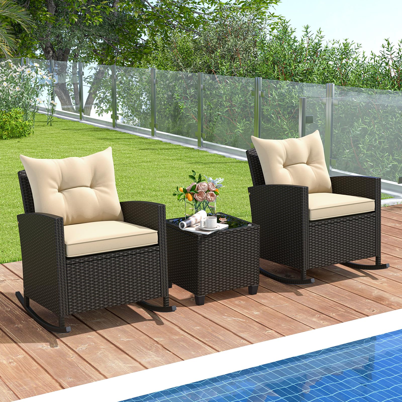 Tangkula 3 Piece Wicker Rocking Set, Patio Rattan Roker Chairs with Tempered Glass Table & Soft Cushions, Outdoor Furniture Set for Backyard, Poolside Porch (Beige) - WoodArtSupply