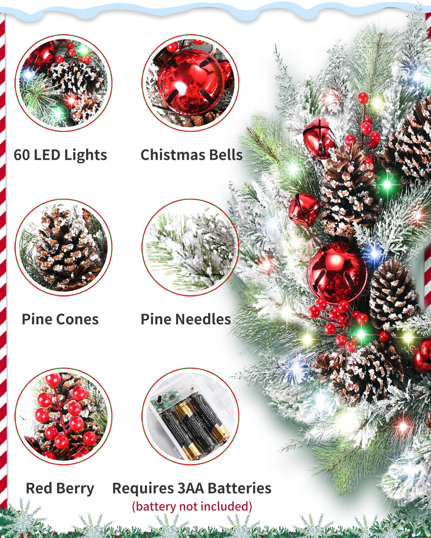 DDHS Christmas Wreaths for Front Door,24 Inch Pre-Lit Winter Wreath with Big Bells, Pine Cones, Red Berries 60 LED Lights, for Party Table Fireplaces Porch Walls New Years Christmas Home Decor-Snow