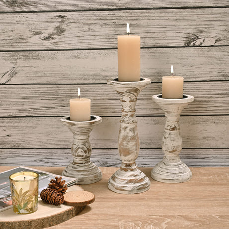 Yorkmills Pillar Candle Holder Set of 3, Farmhouse Decor Living Room Tall Candle Holders for Pillar Candles, Wood Candle Holders for Table Centerpieces White Home Decor Kitchen Dining Room Table Decor Yorkmills