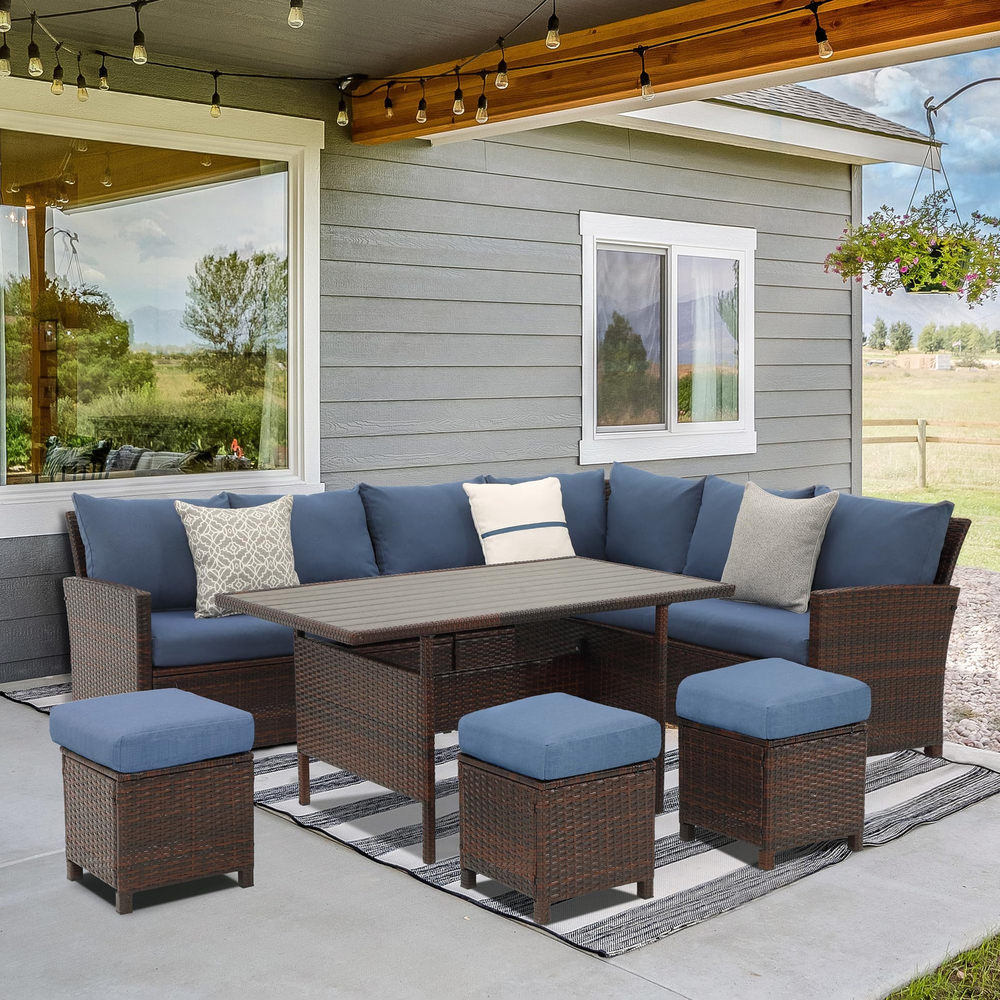 Wisteria Lane Patio Furniture Set, 7 Piece High Curved Back Outdoor Dining Sectional Sofa with Dining Table and Chair, All Weather Wicker Conversation Set with Ottoman, Blue - WoodArtSupply