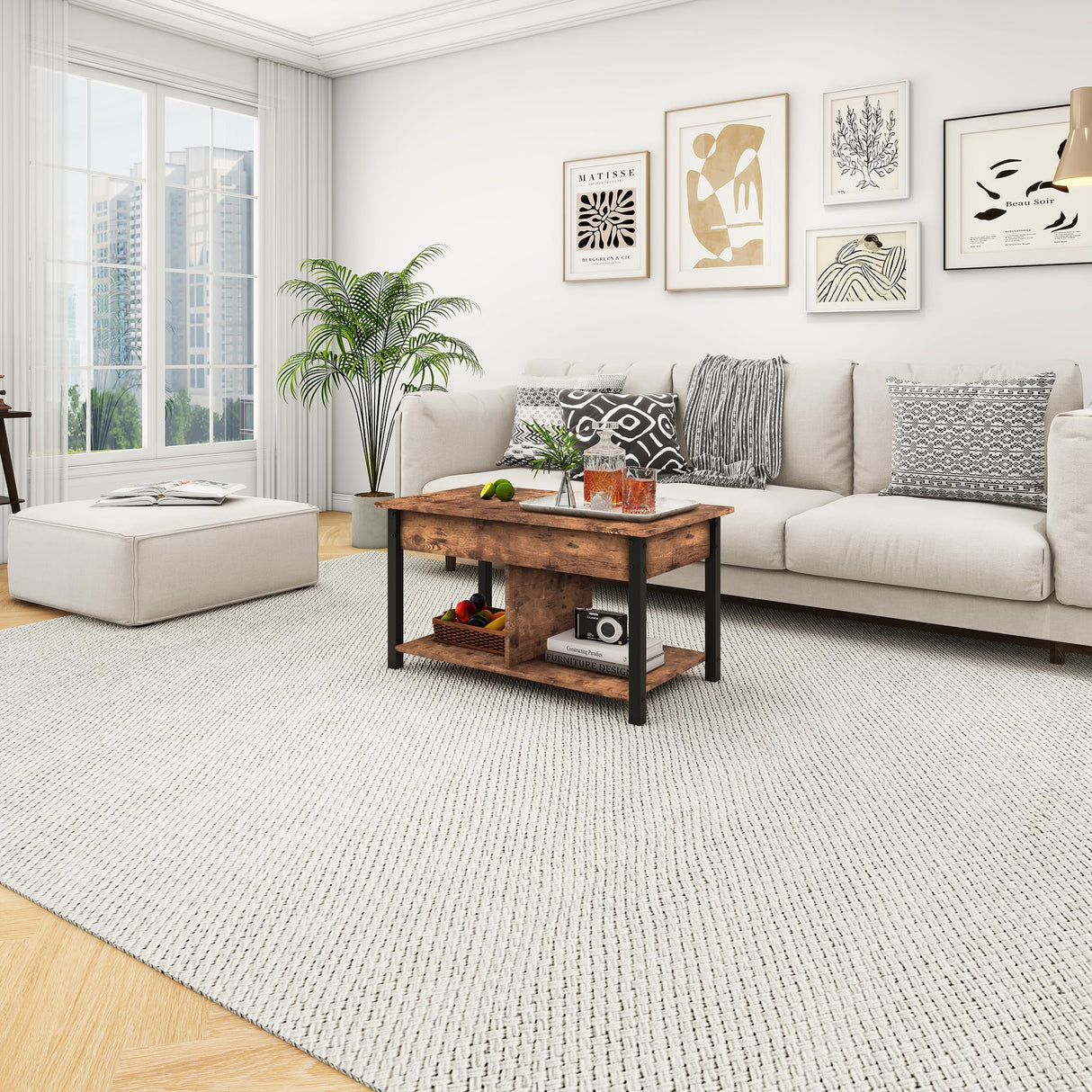 HOMERECOMMEND Lift Top Coffee Table with Storage Shelf and Hidden Compartments,Coffee Tables for for Living Room,Rustic Brown Lift Top Coffee Table HOMERECOMMEND