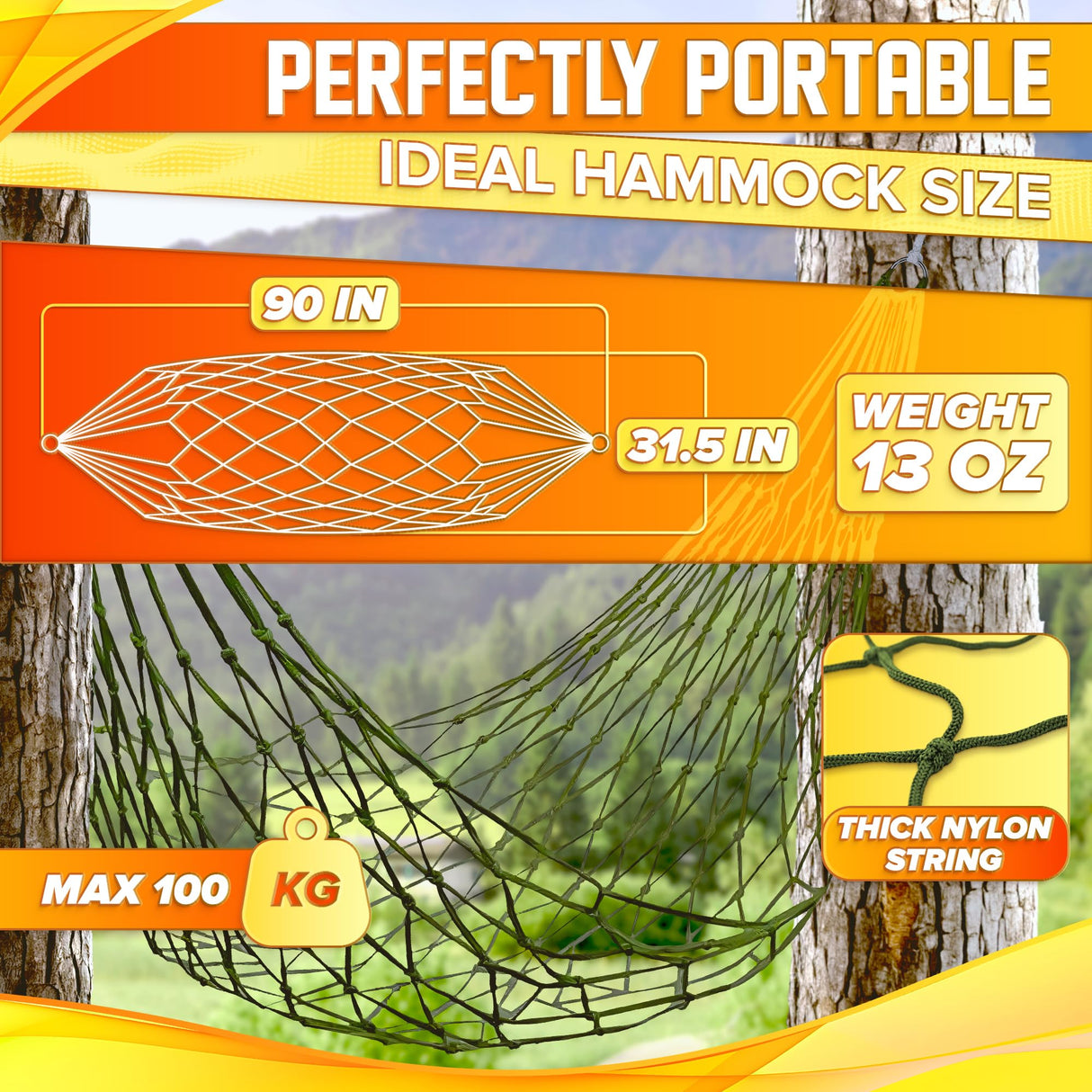 Mesh Hammock - Easy to Set Up Rope Hammocks for Outside, Dark Green Color, 90x31.5 Nylon Net Hammock, Max 100 KG (220 Pounds), Tree Hammocks for Outside, Camping & Patio Relaxation VIKROM