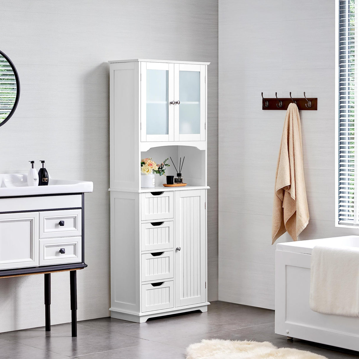 Yaheetech Tall Storage Cabinet with Glass Door, Bathroom Floor Cabinet 65.5″, Kitchen Pantry Storage Cabinet with Open Compartment, 4 Drawer and Adjustable Shelves for Bathroom, Kitchen, Living Room Yaheetech