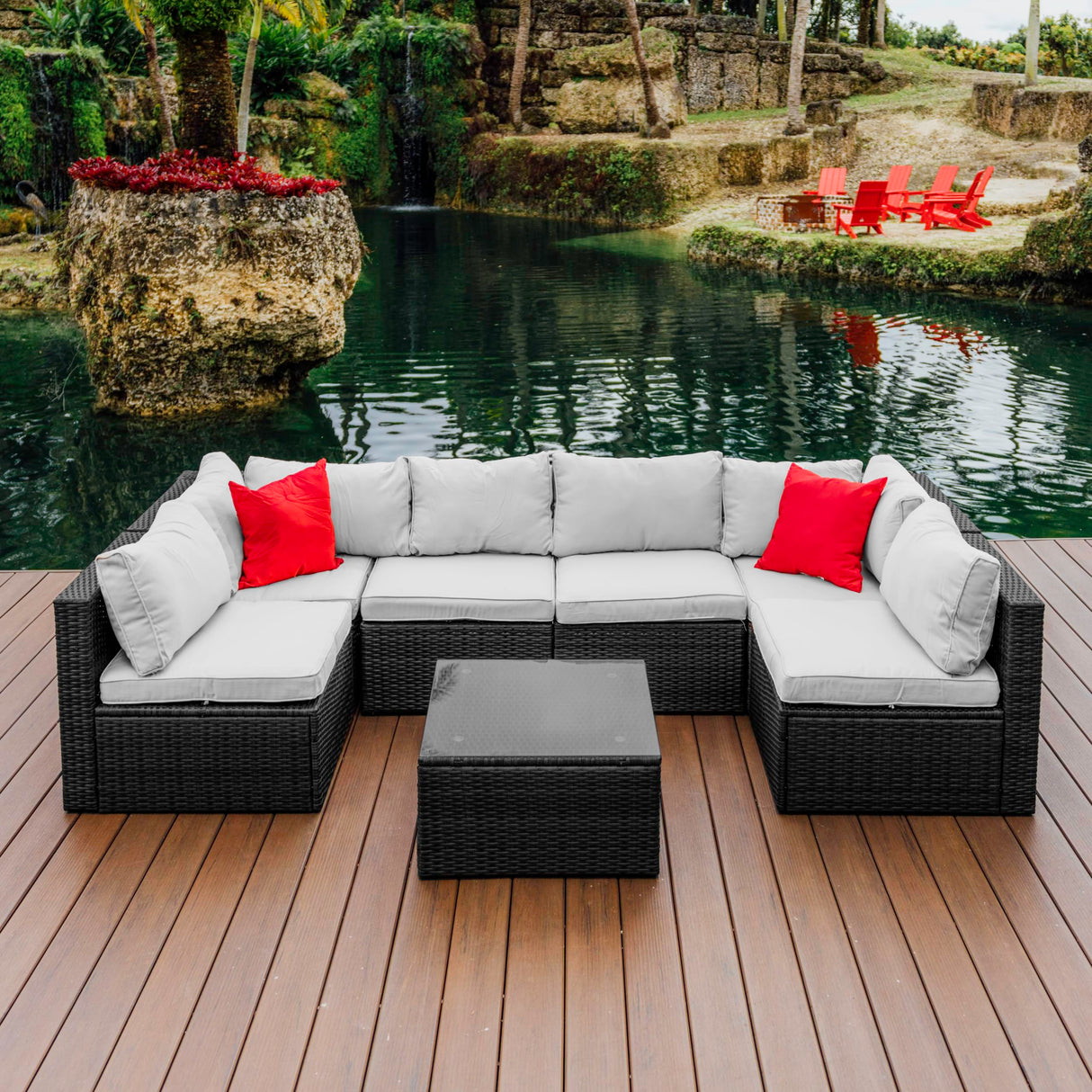 Nestl Patio Furniture Set – Outside Furniture Patio Set, 7 Piece Outdoor Patio Furniture Sets, Patio Conversation Sets with Patio Sectional, Black Wicker Patio Furniture Sets with Off White Cushions Nestl