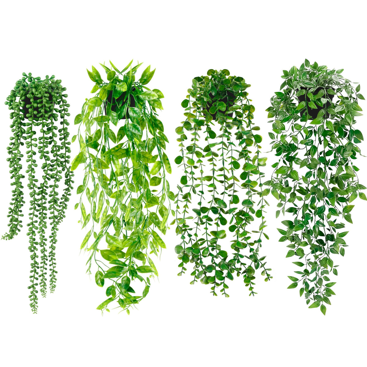Artificial Hanging Plants for Shelf, 4 Pack Fake Potted Greenery Faux Eucalyptus Vine, Mandala Vine, String of Pearls,Pea pod Leaves in Pot for Office Living Room Bathroom Indoor Outdoor Décor Palonu